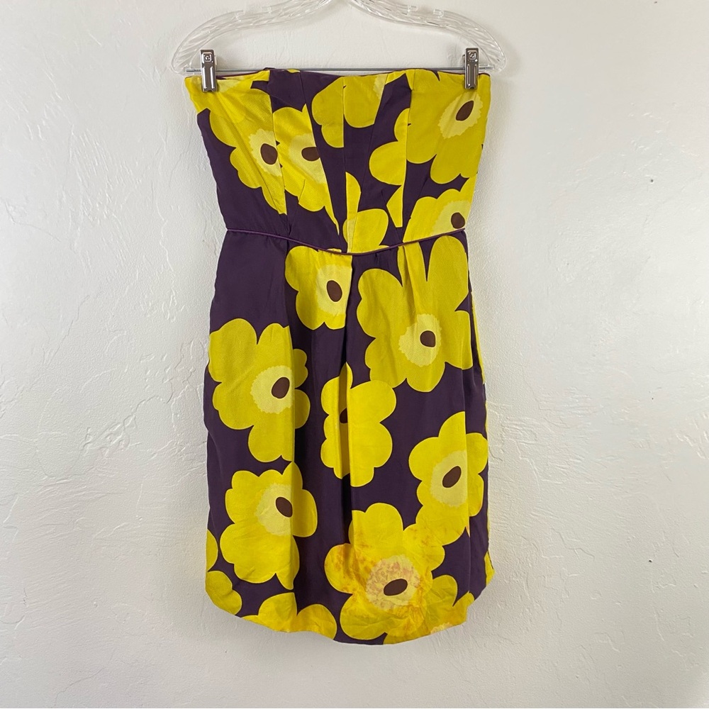 Adam Lippies Size 2 Purple Yellow Silk Floral Print Strapless Zip-up Mini Dress